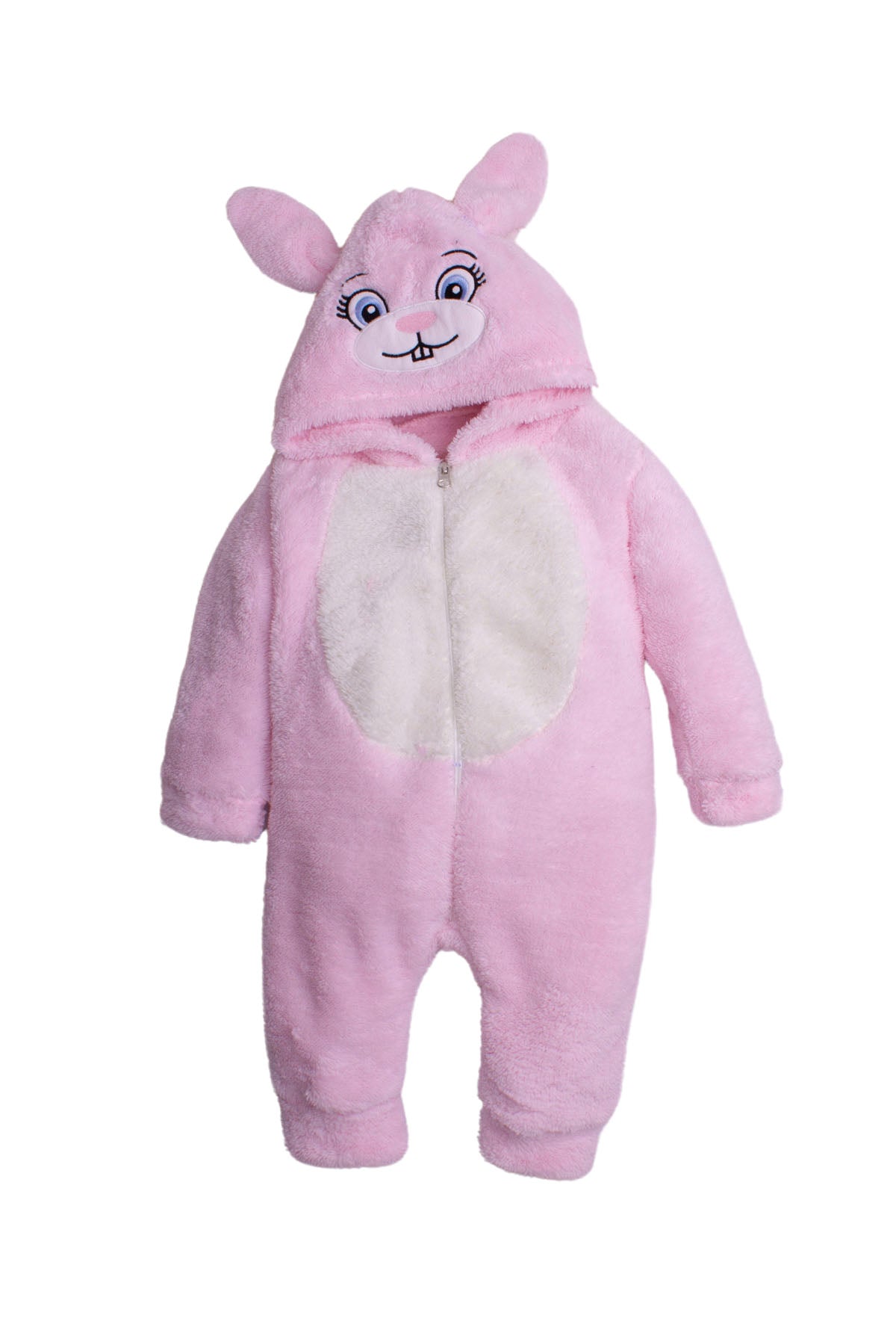 Unisex Kapüşonlu Tavşan Figürlü Peluş Bebek Tulum 0-12 Ay